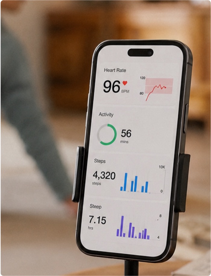 スマートフォンに表示された心拍・活動量のモニタリング画面